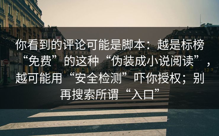 你看到的评论可能是脚本：越是标榜“免费”的这种“伪装成小说阅读”，越可能用“安全检测”吓你授权；别再搜索所谓“入口”